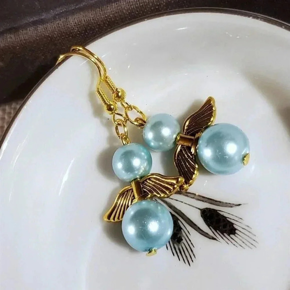 Sustainable Christmas Holiday Angels Gold Plated Light Blue Glass Pearl Earrings - Picture 1 of 9